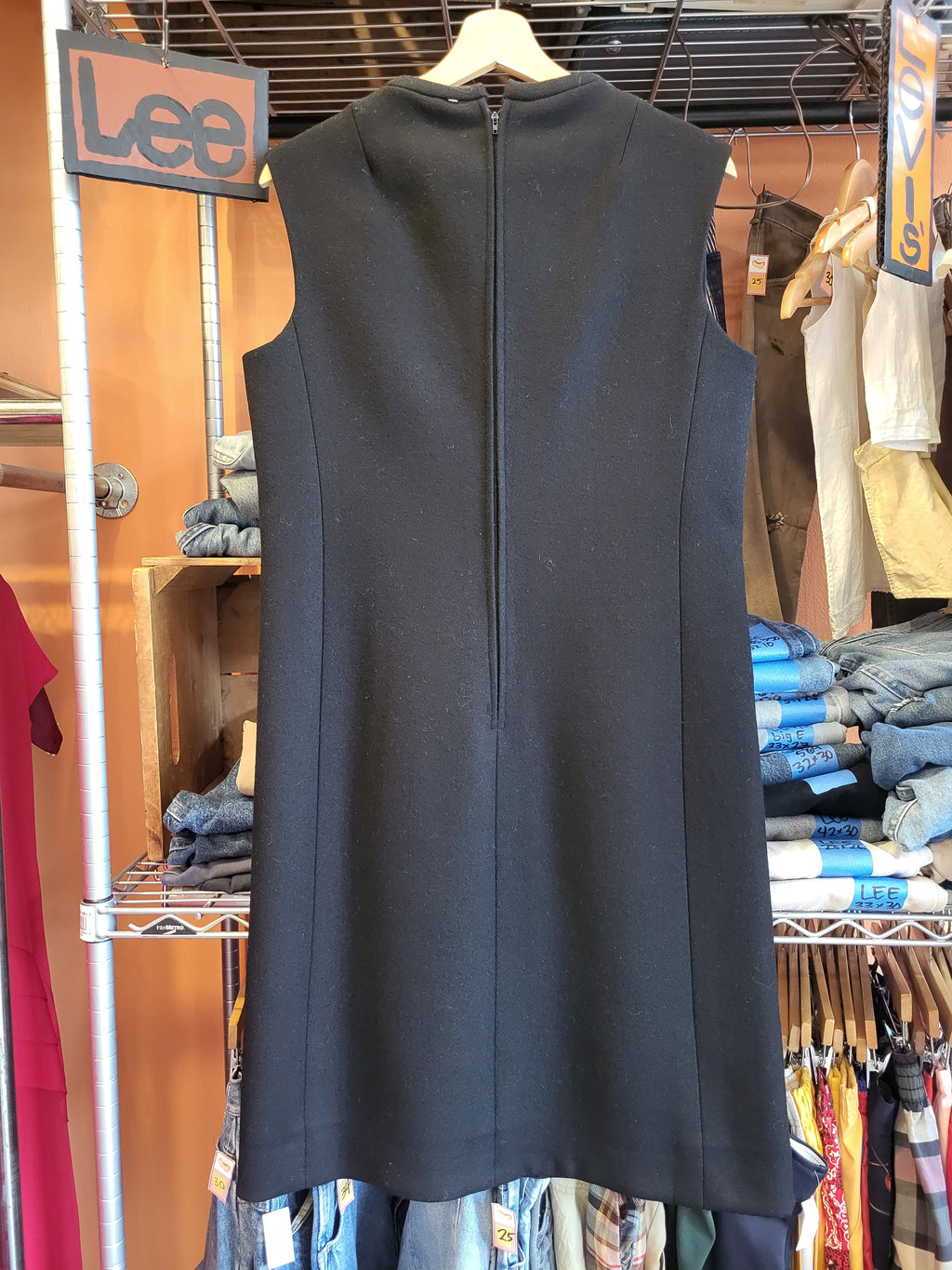 1960s Little Black Dress, Sleeveless Wool w/ Pockets! Medium