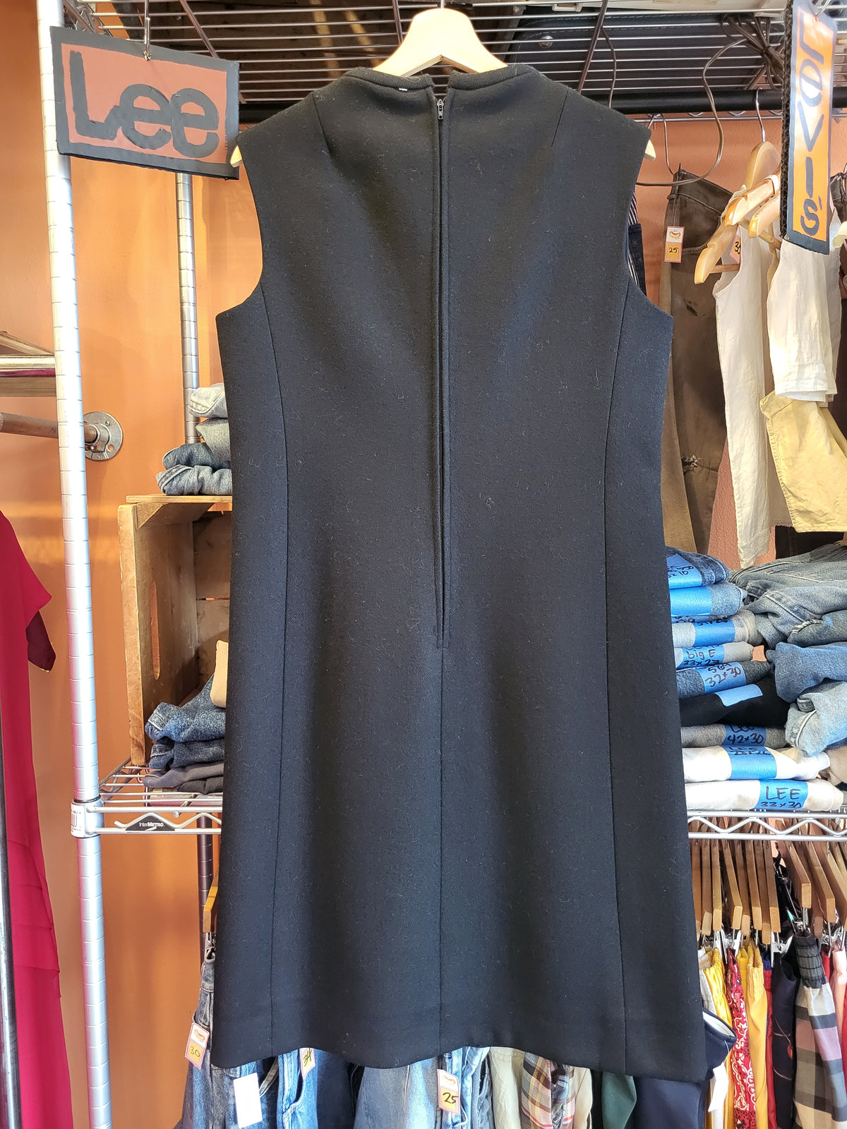 1960s Little Black Dress, Sleeveless Wool w/ Pockets! Medium