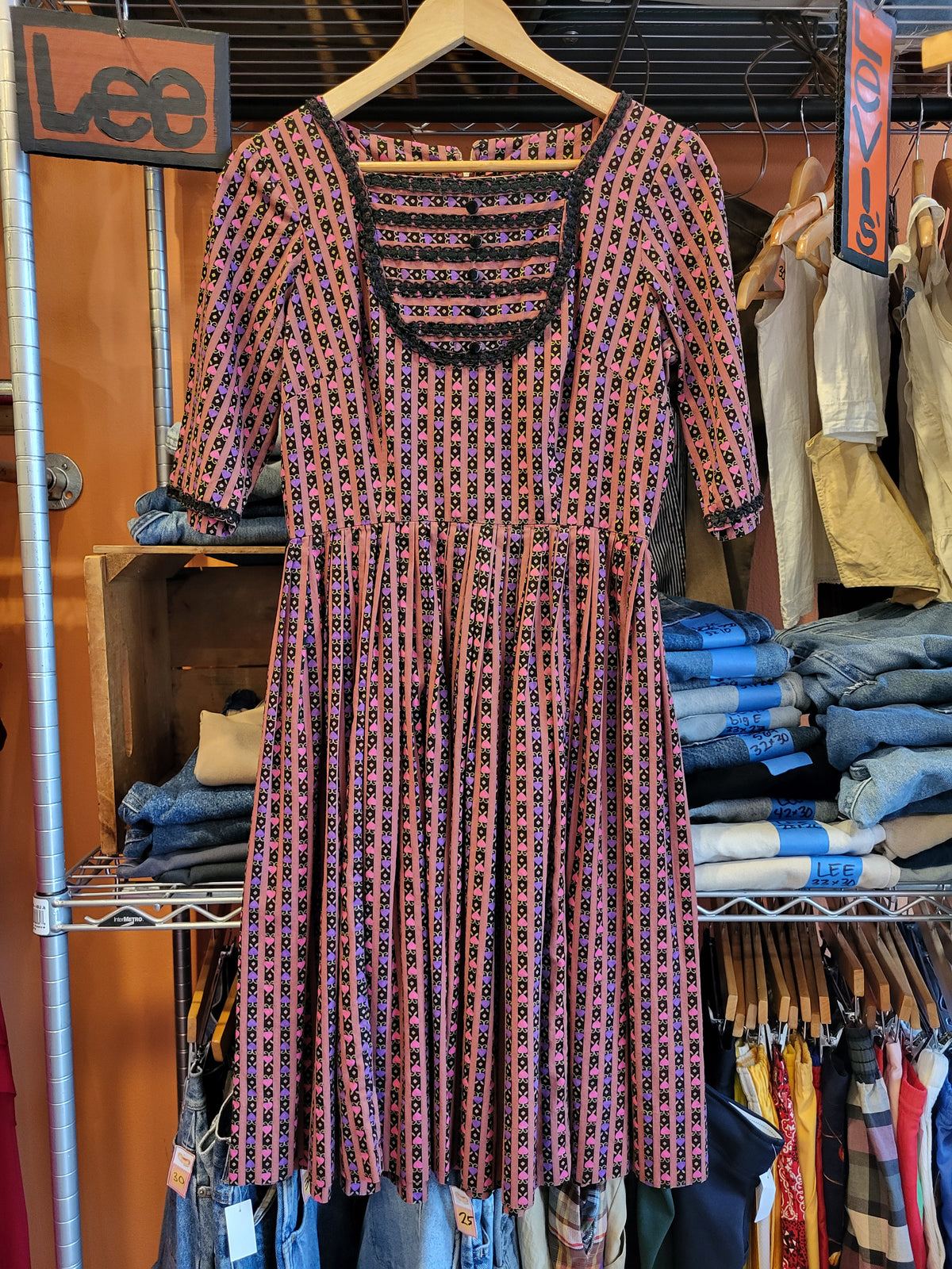 Vintage 1940s Mode O' Day Novelty Print Dress, Hearts & Stripes, Medium