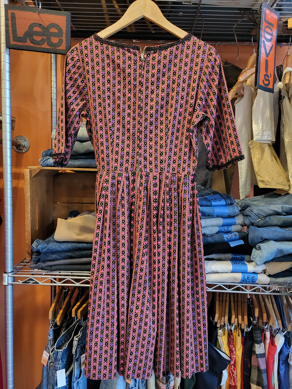 Vintage 1940s Mode O' Day Novelty Print Dress, Hearts & Stripes, Medium