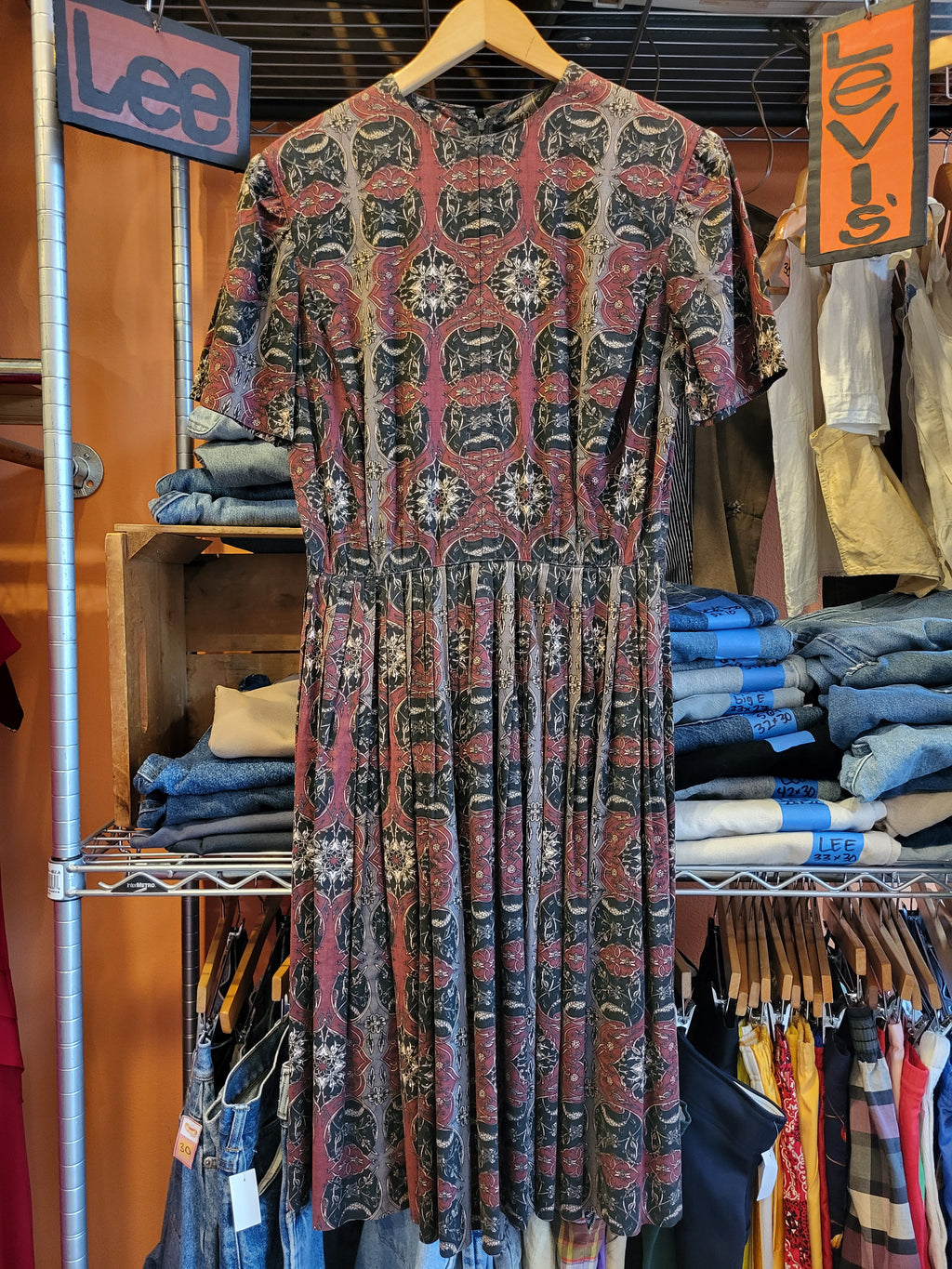 Vintage 1950s Dress, Cotton Gothic Print, Pleated Skirt, Medium/Large