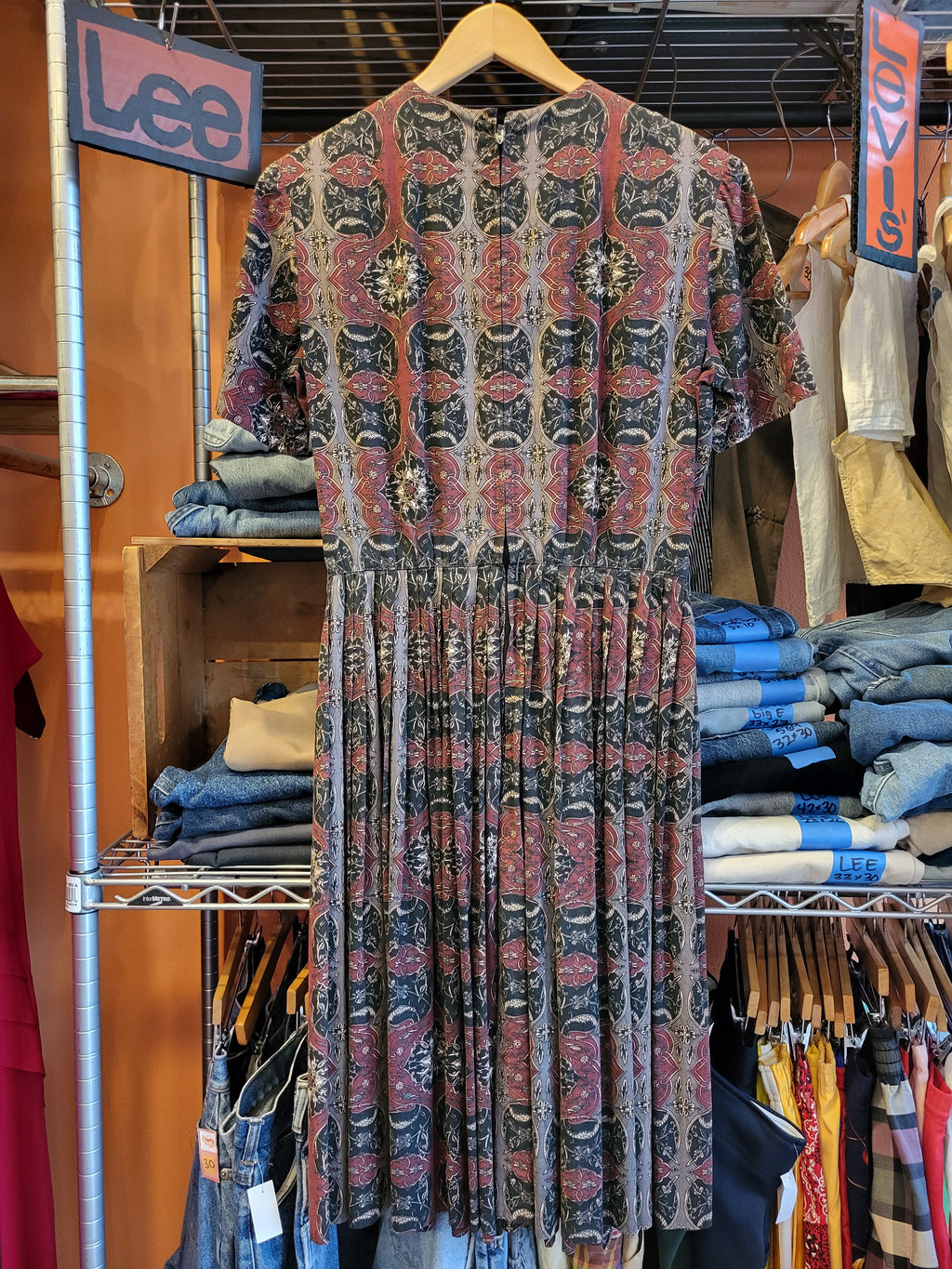 Vintage 1950s Dress, Cotton Gothic Print, Pleated Skirt, Medium/Large